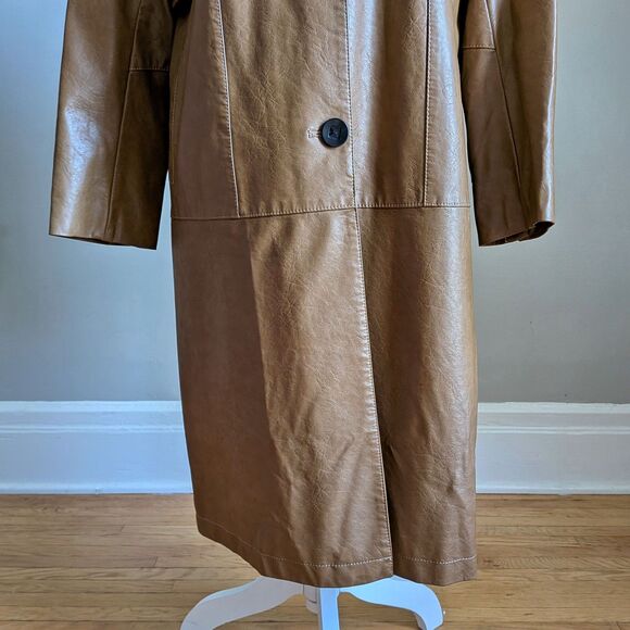 Vintage Y2K Dianzhi Faux Leather Trench Coat Jacket Longline Brown Size 11 - Picture 10 of 12